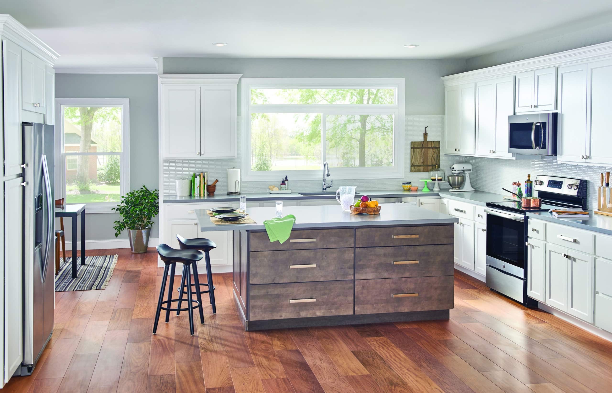Straight shot of sliding window over kitchen sink
